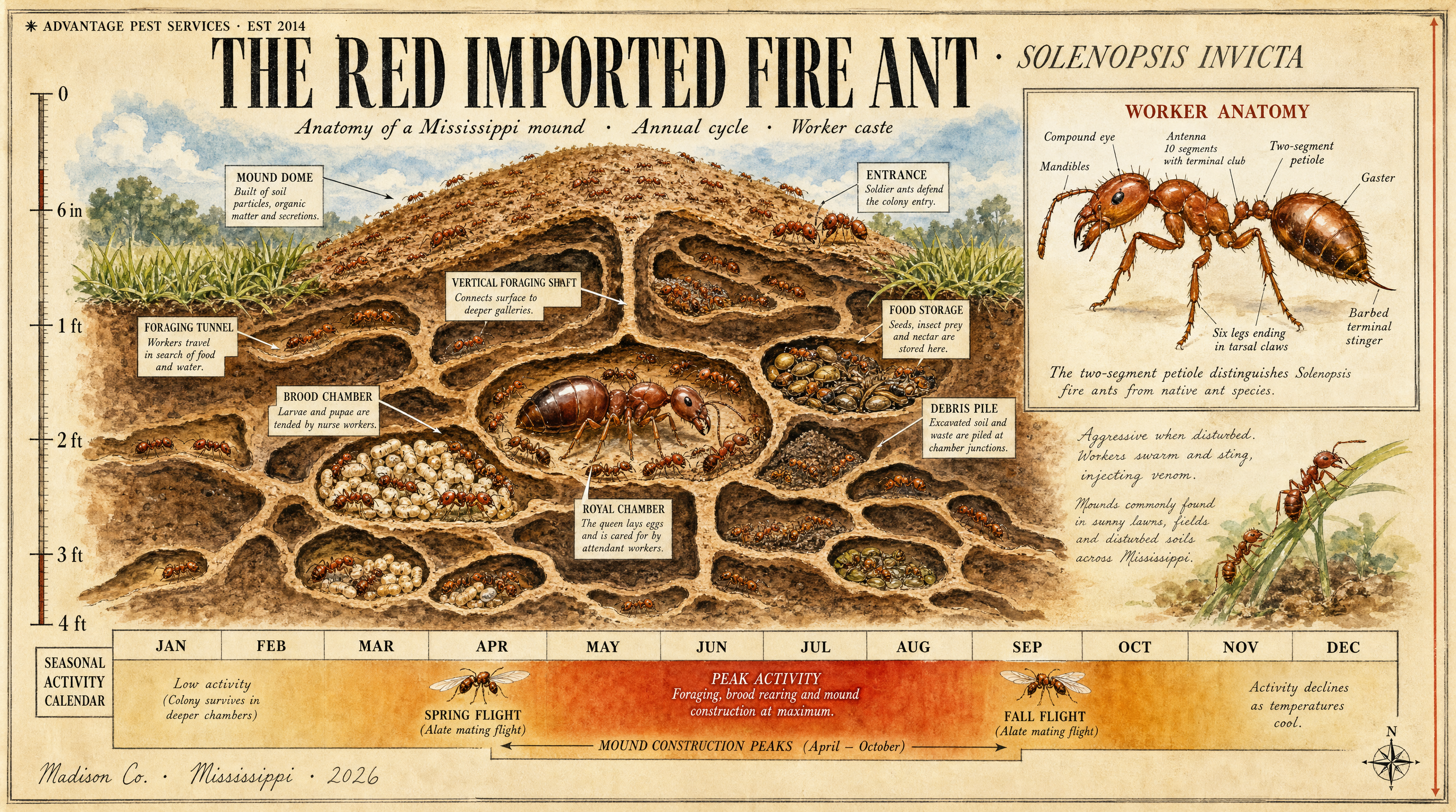 National Geographic style diagram showing the cross-section anatomy of a red imported fire ant mound with chambers, queen, workers, brood, and seasonal activity calendar
