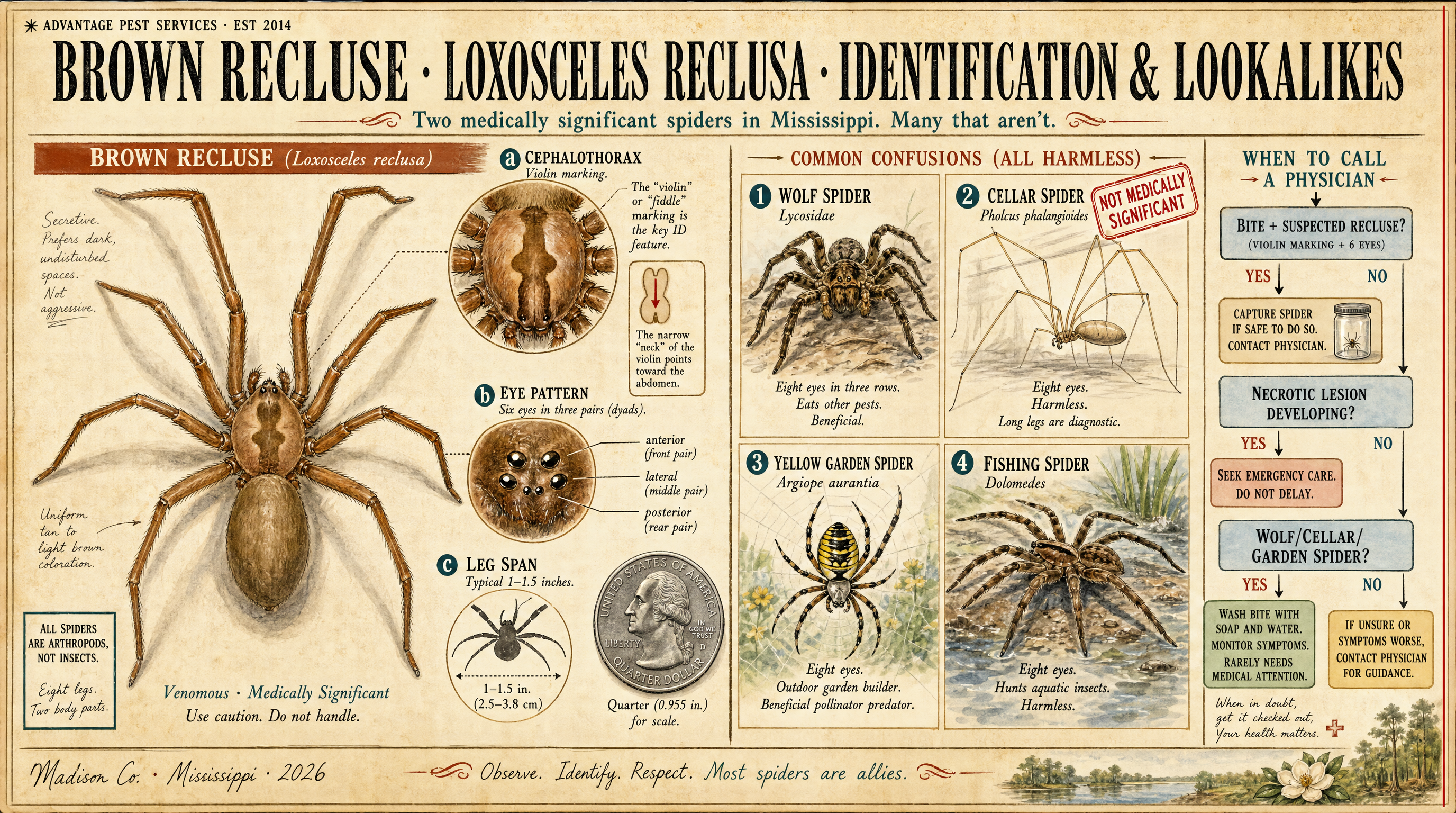 National Geographic style diagram showing brown recluse identification features, the 6-eye dyad pattern, and four commonly mistaken harmless spider species at scale