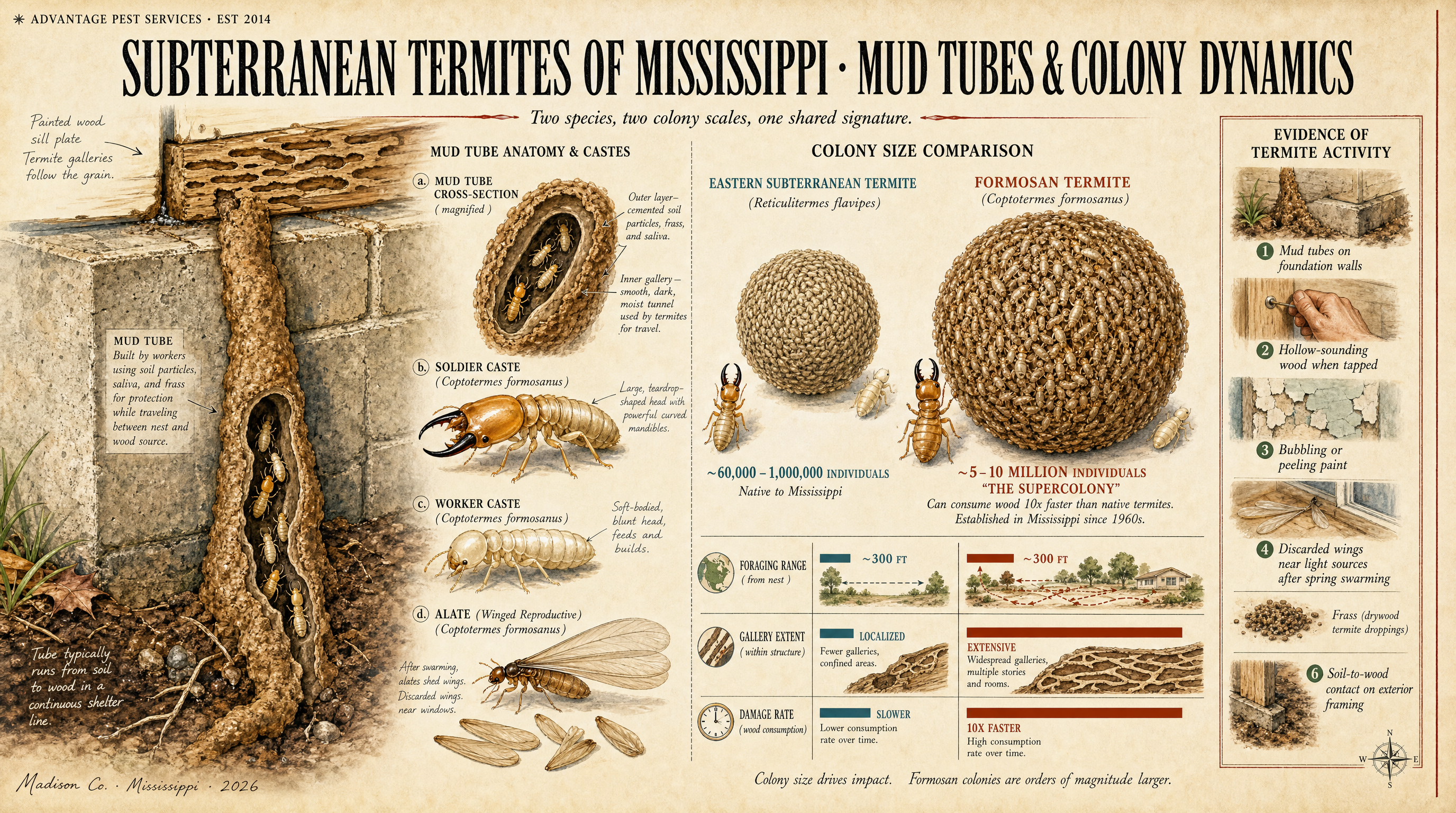 National Geographic style diagram showing subterranean termite mud tube anatomy and a colony size comparison between Eastern subterranean and Formosan termites in Mississippi