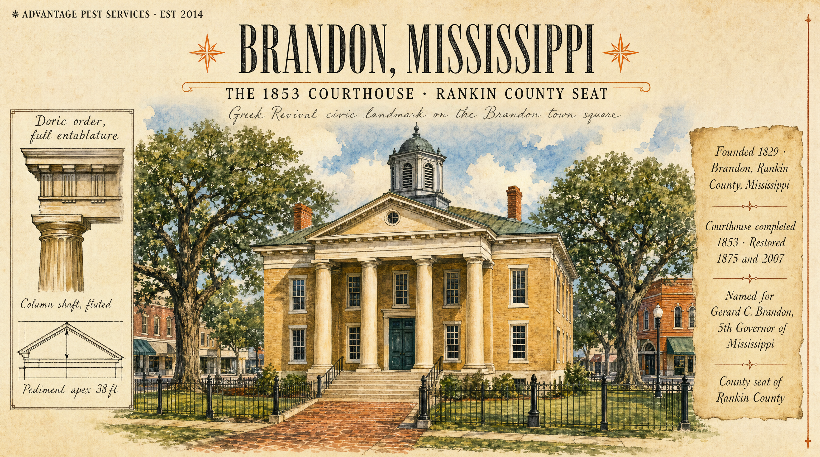 Editorial museum plate of the 1853 Rankin County Courthouse, Brandon Mississippi, the historical anchor of Advantage Pest Services' Brandon route