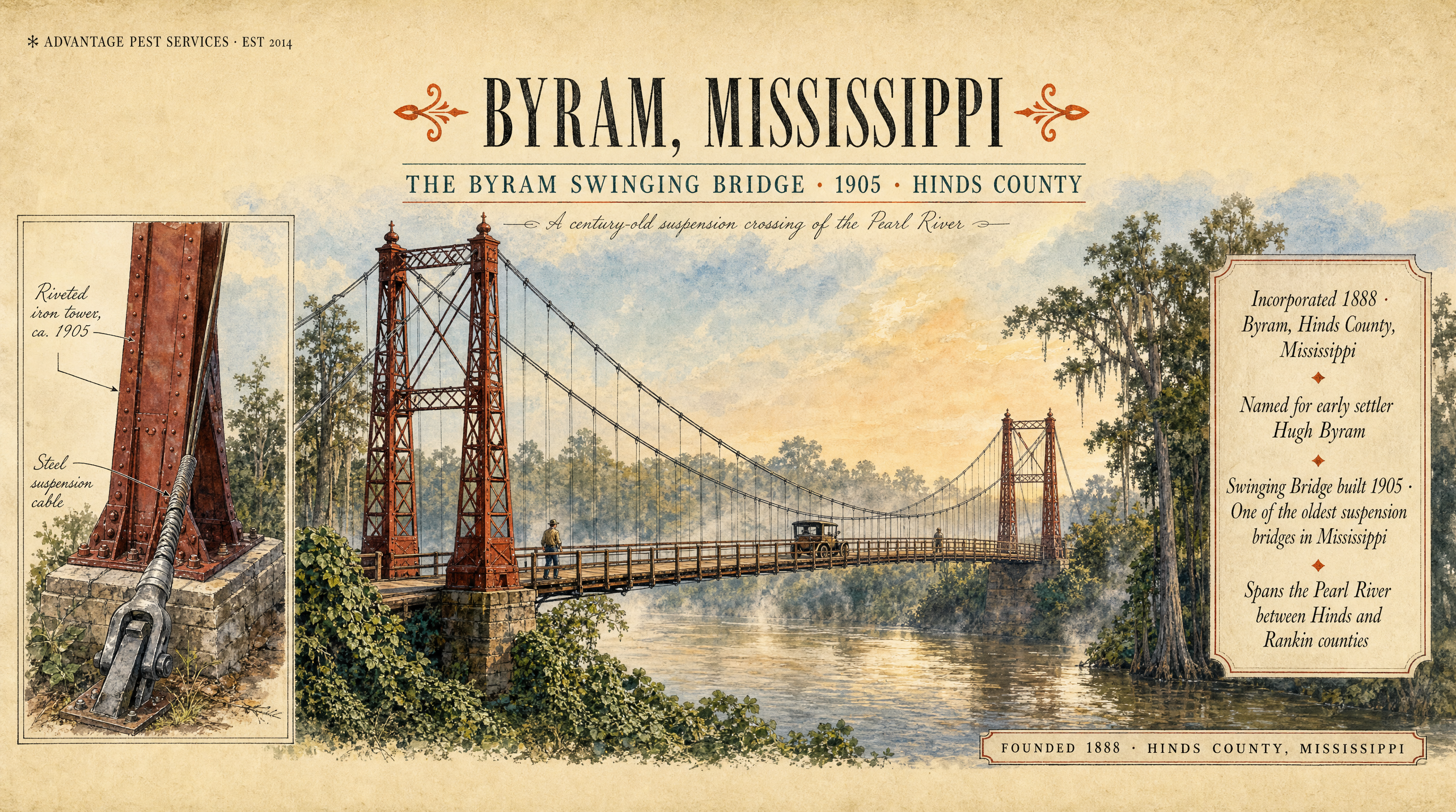 Editorial museum plate of the 1905 Byram Swinging Bridge over the Pearl River, Byram Mississippi, the historical anchor of Advantage Pest Services' Byram route