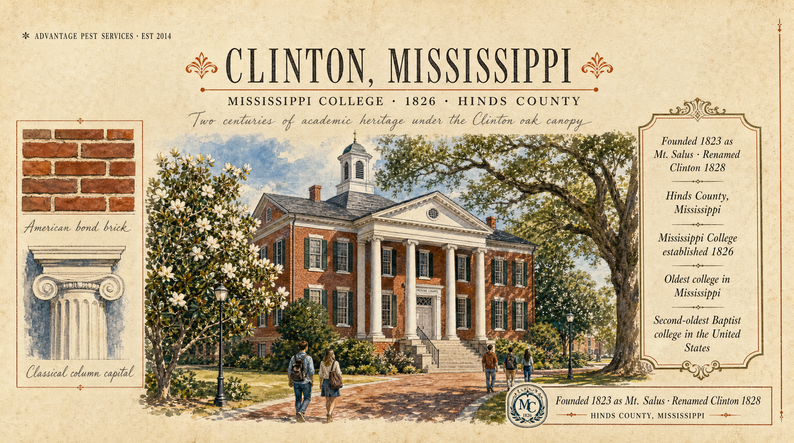 Editorial museum plate of Mississippi College, founded 1826 in Clinton Mississippi, the academic and architectural anchor of Advantage Pest Services' Clinton route