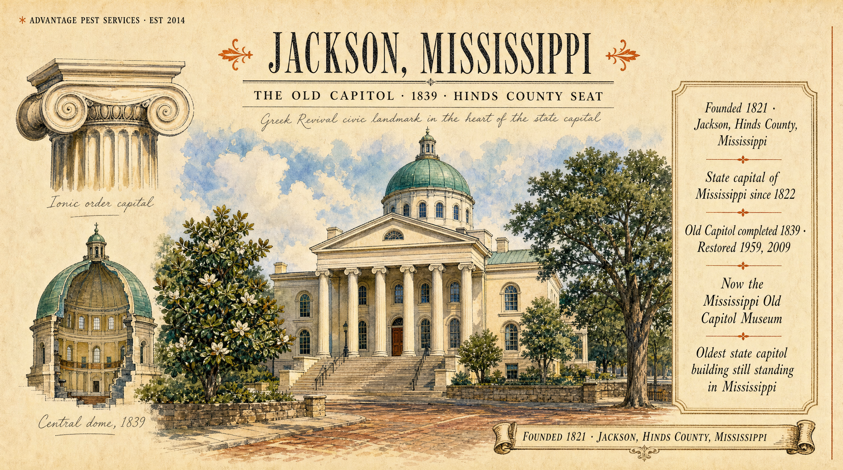 Editorial museum plate of the 1839 Old Capitol Museum, Jackson Mississippi, the architectural anchor of Advantage Pest Services' Jackson route