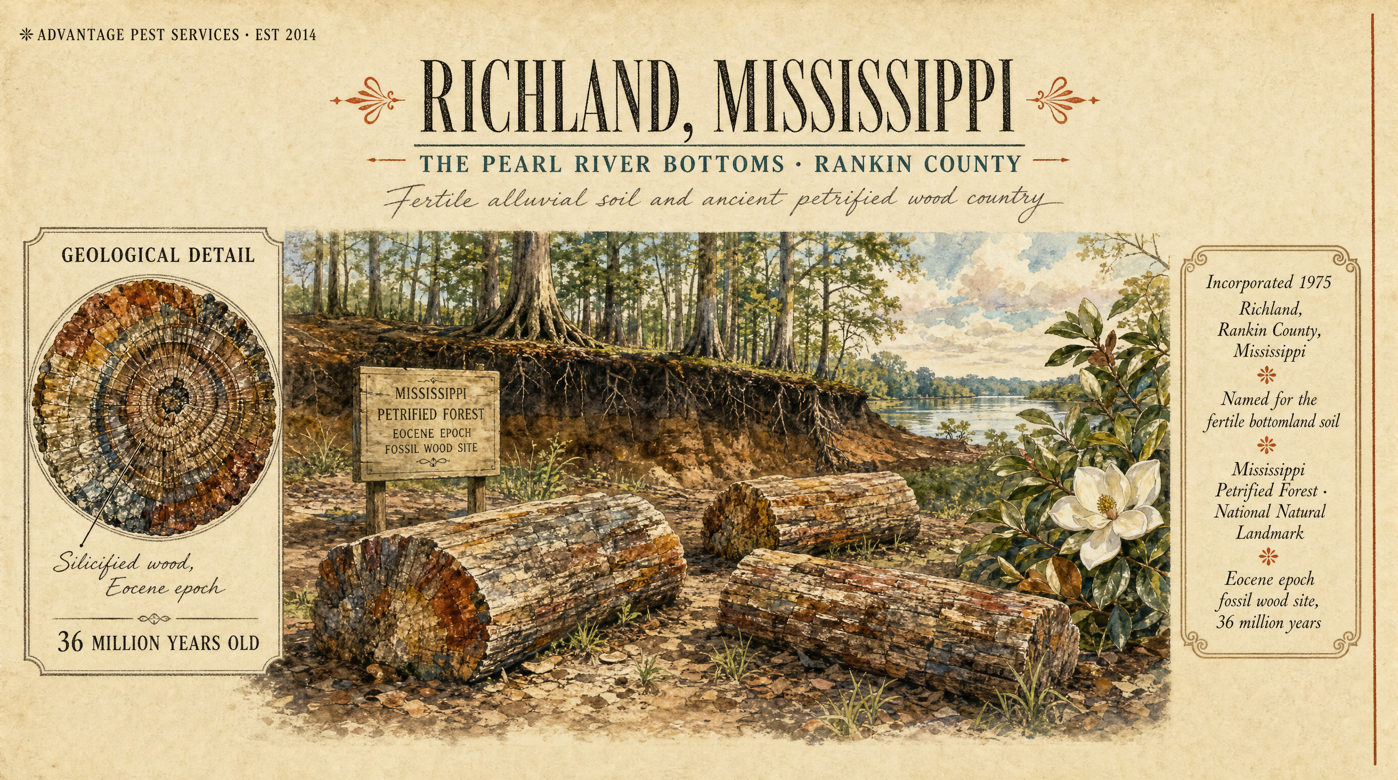 Editorial museum plate of Pearl River bottomland cypress and Mississippi Petrified Forest fossil wood, the regional geological and ecological anchor of Advantage Pest Services' Richland route