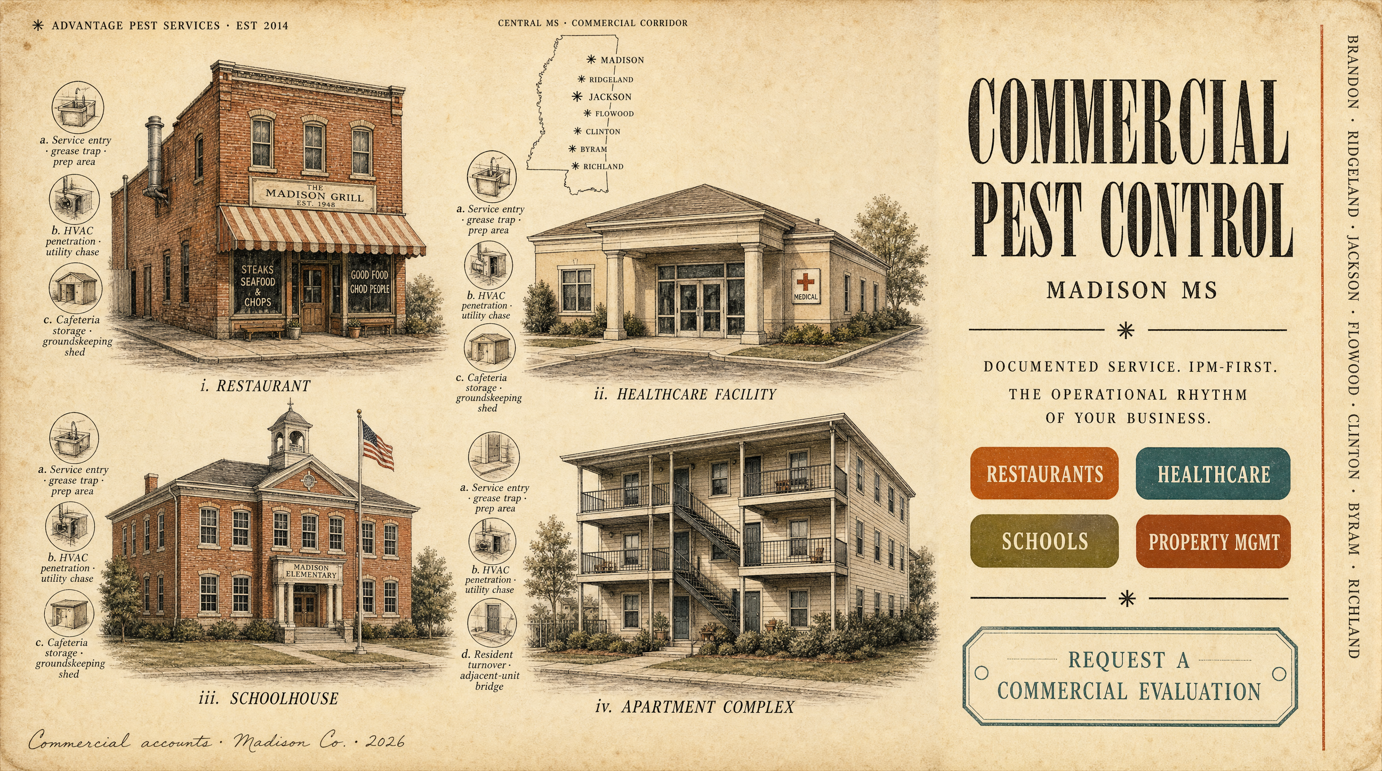 Field-guide plate showing the four commercial facility types served by Advantage Pest Services in Madison MS: restaurants, healthcare, schools, and property management